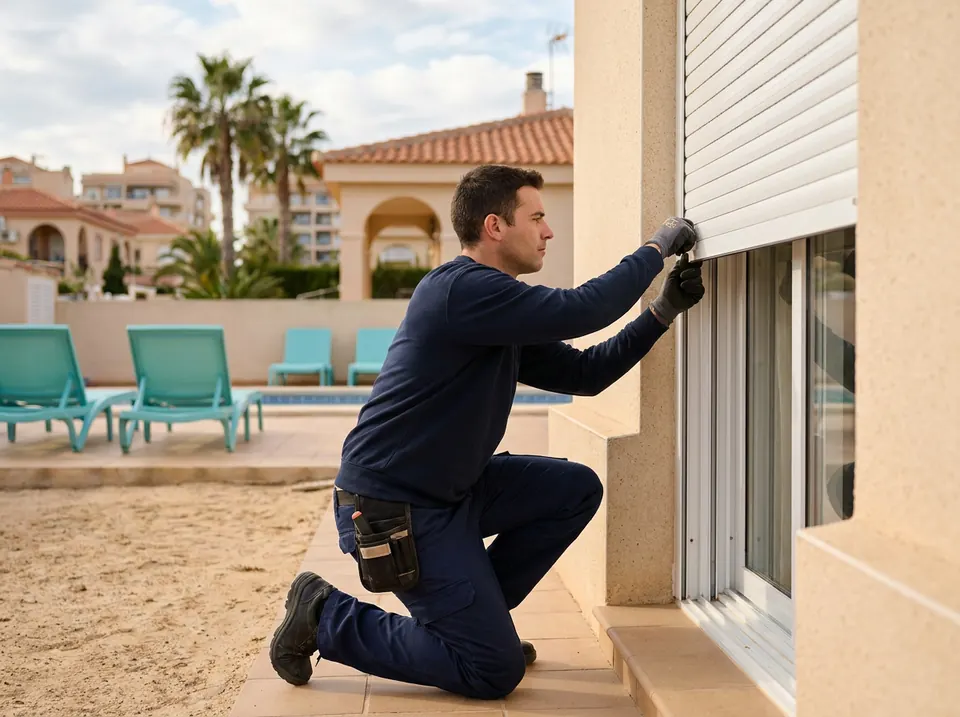 Persianista realineando una persiana enrollable en la ventana de un bungaló