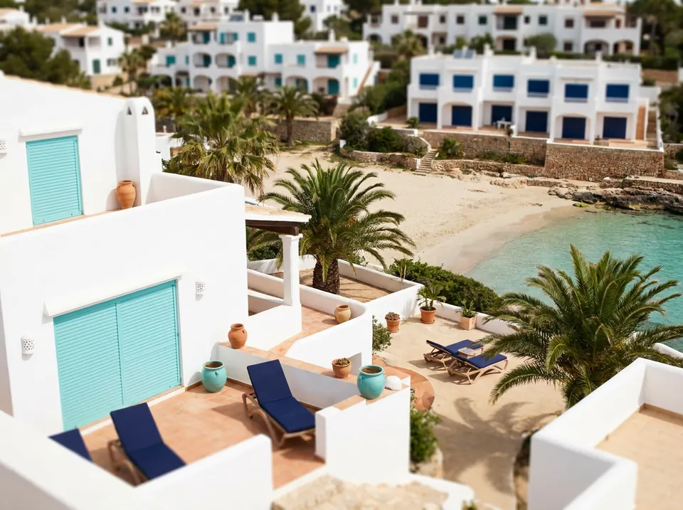 Urbanización de apartamentos y bungalós con persianas entre palmeras, sobre pequeñas calas de arena